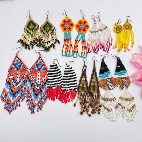 Tribal Ethnic Southwestern Seed Bead Fringe Curtain Earring Lot Colorful Boho - Picture 1 of 11